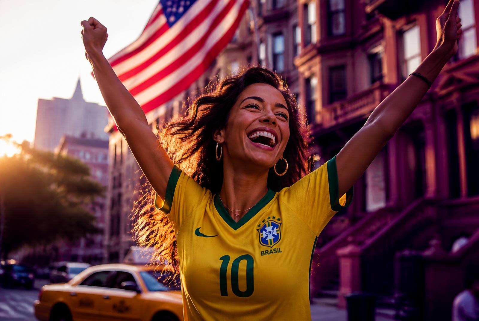 Brasileira comemorando feliz em uma rua dos Estados Unidos com a bandeira americana ao fundo